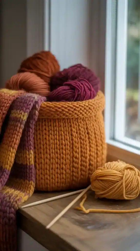 Knitted storage basket in autumn colors for fall knitting projects