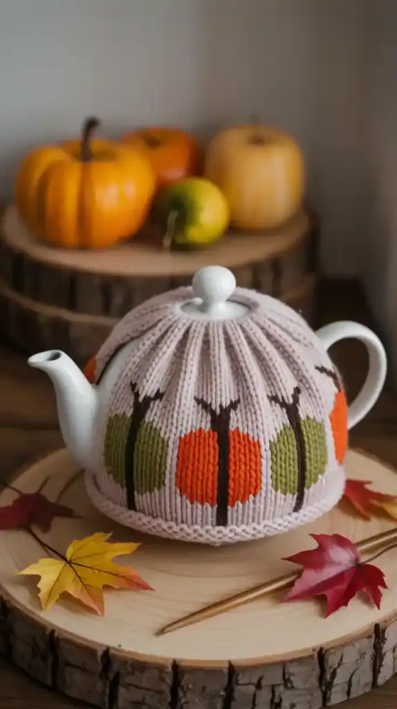Knitted tea cozy with fall design for autumn knitting projects