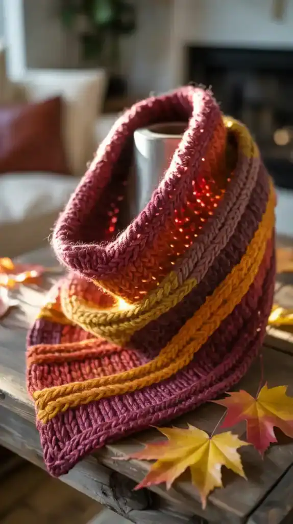 Textured cowl in autumn colors for fall knitting projects