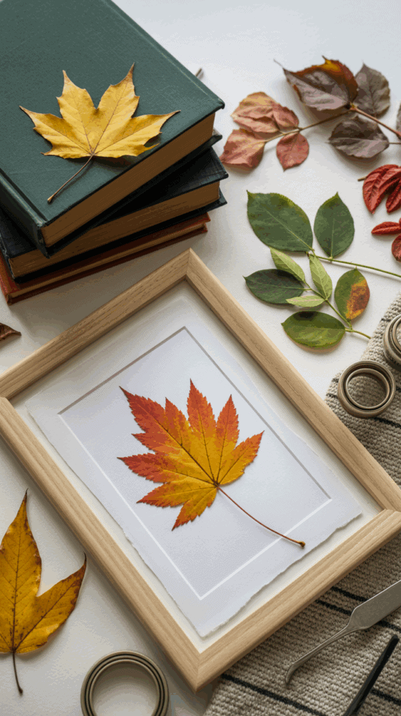 Supplies for pressing and framing autumn leaves including books, wax paper, frames, and fresh colorful fall leaves