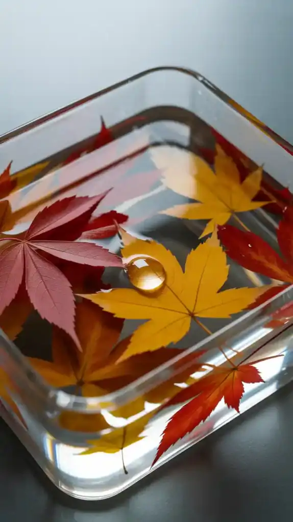 Autumn leaves soaking in glycerin solution in a shallow container