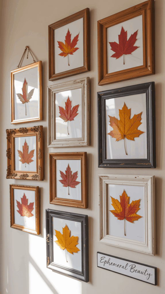 Framed autumn leaves arranged on a wall in various frame styles