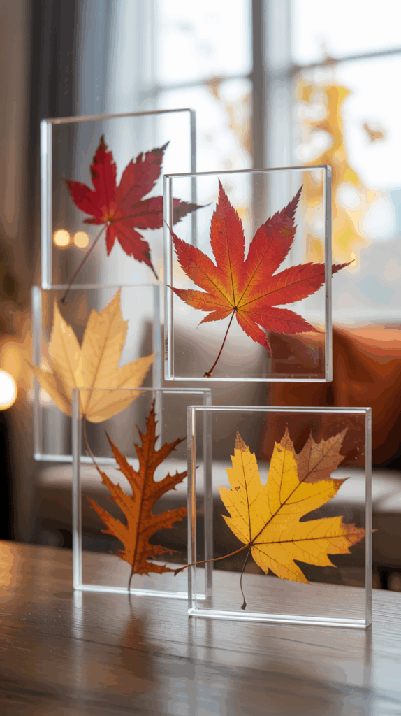 Autumn leaves displayed in floating glass frames showing the transparent effect