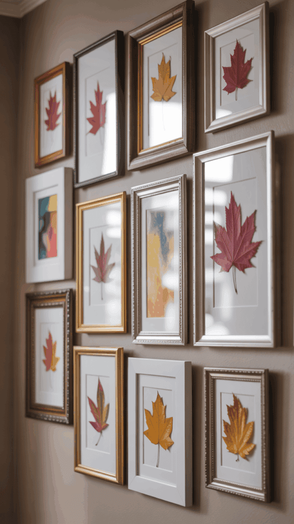 Gallery wall featuring various framed autumn leaves alongside other artwork