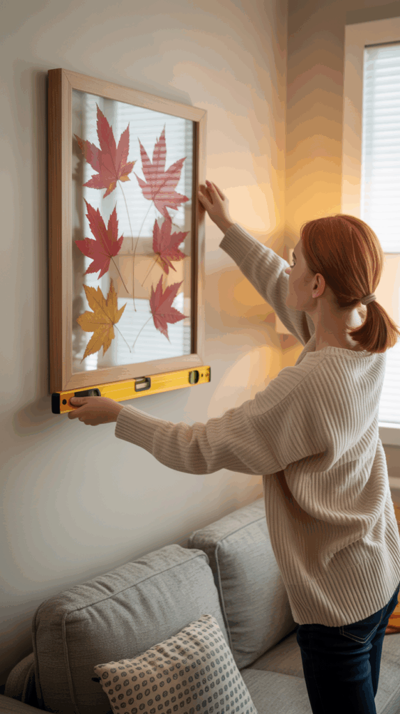 Person hanging framed autumn leaf art on a living room wall