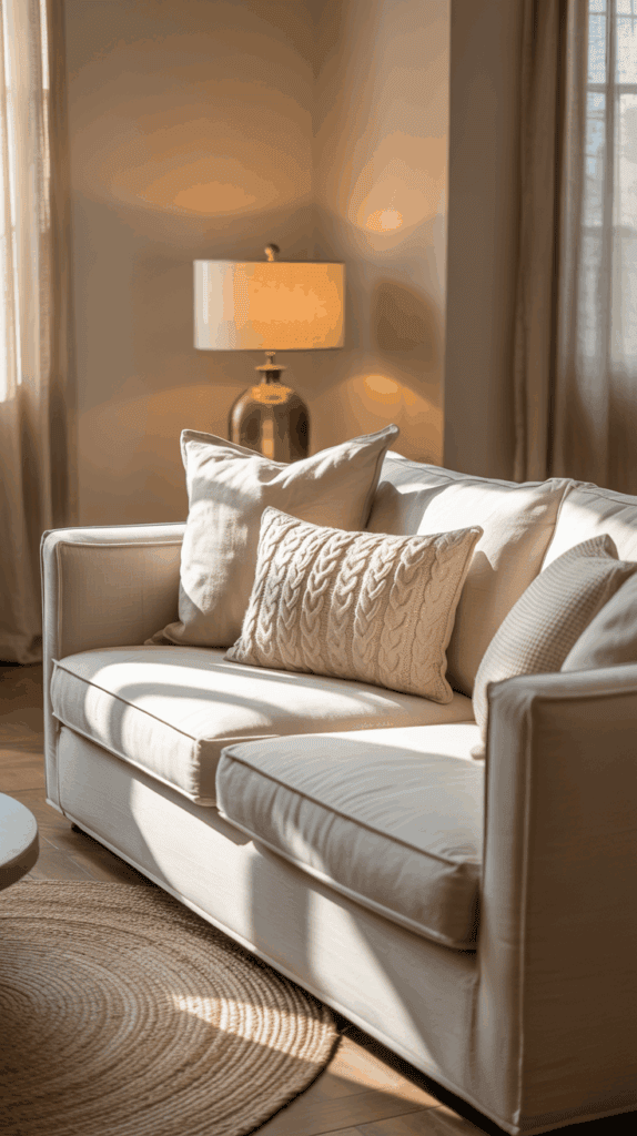 Cozy neutral living room with linen textures and warm beige tones for an elegant home feel