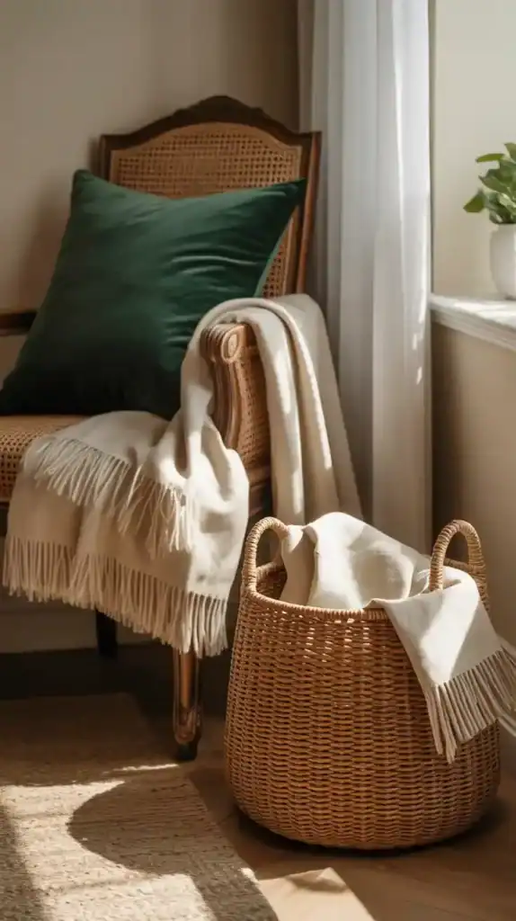 Layered home decor textures featuring velvet, wool, and natural fibers for cozy sophistication