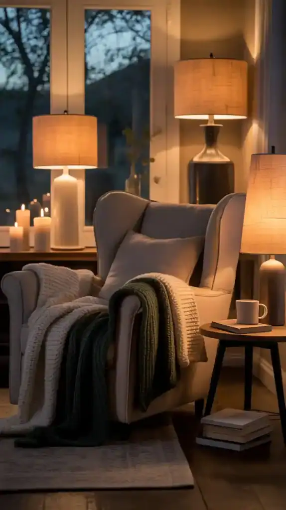 Warm layered lighting setup creating a cozy, elegant atmosphere in a modern living room