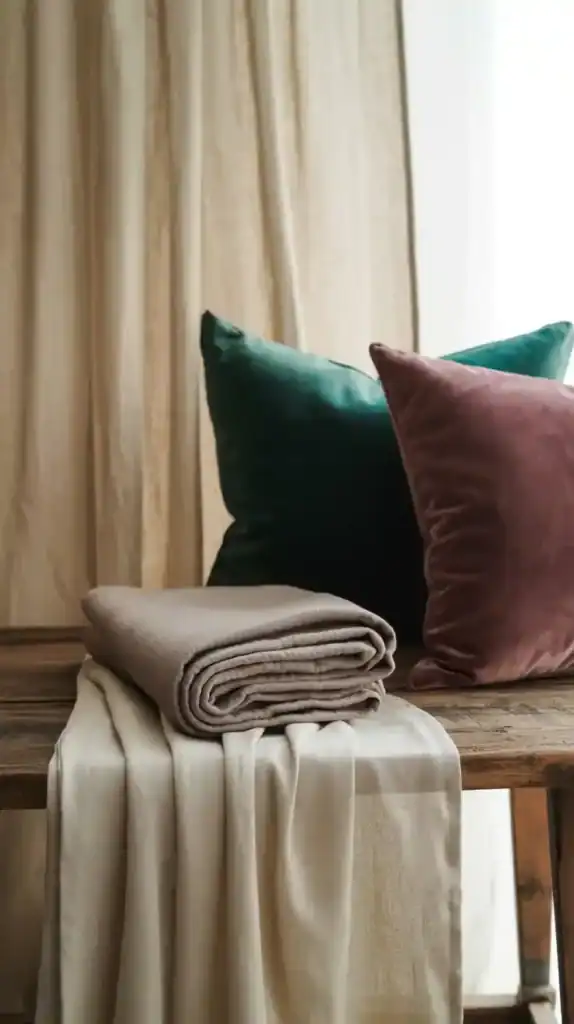 Luxurious home fabrics including linen, velvet, and cashmere in soft neutral tones