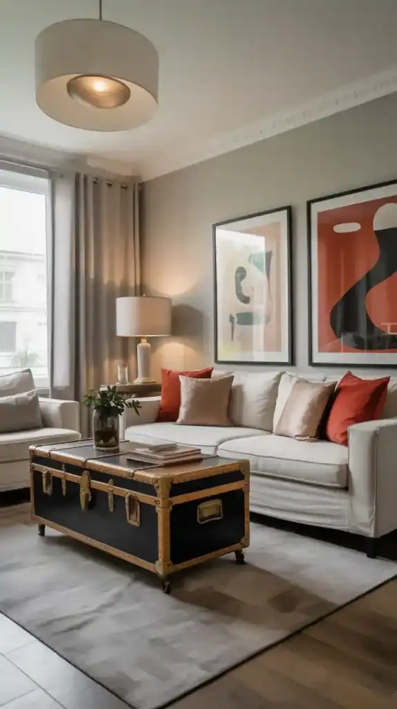 Modern-meets-vintage living room with antique furniture and clean contemporary design