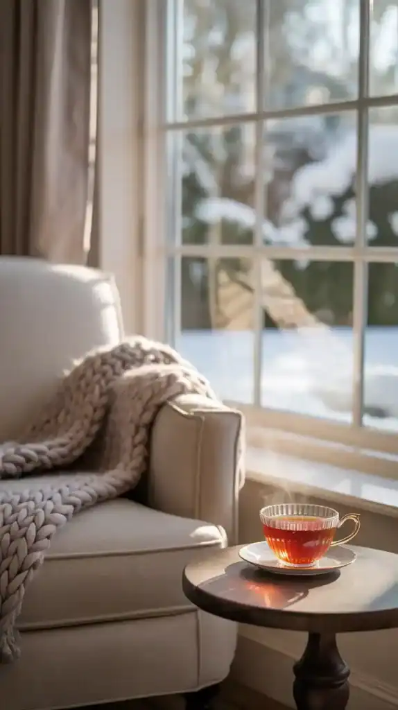 Cozy reading corner with armchair, throw blanket, and natural light for relaxing comfort