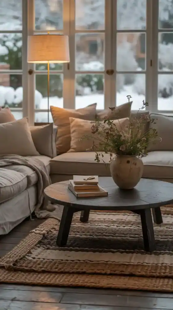 Layered rugs creating warmth and texture in a cozy, neutral-toned living space