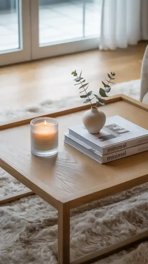 Simple coffee table decor with balanced minimal style and personal cozy touches