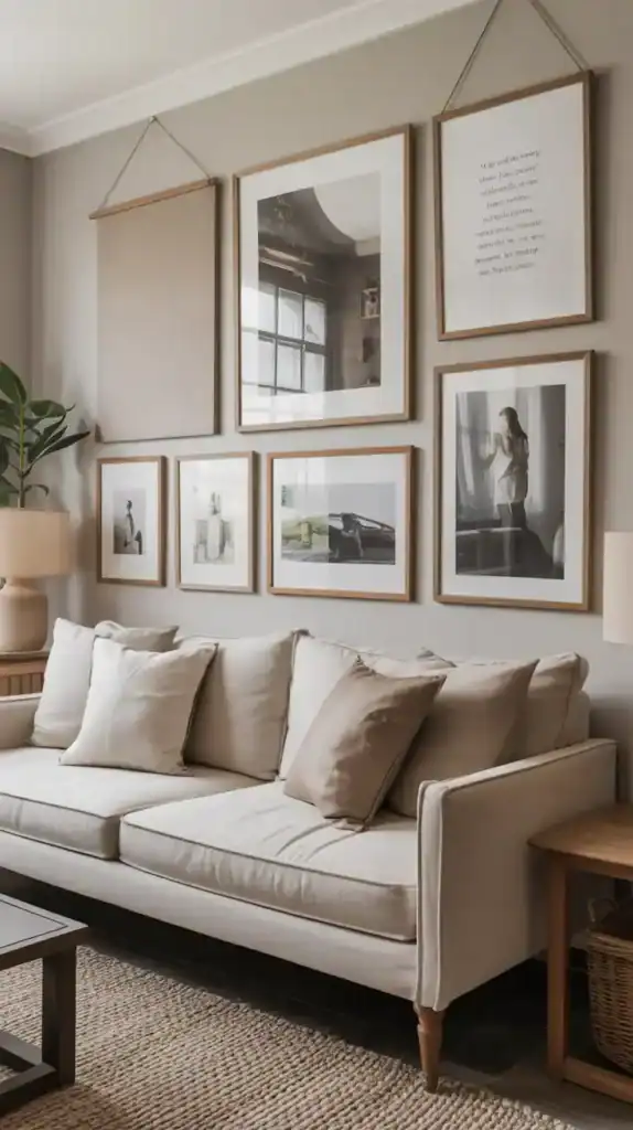 Curated wall art collection in soft neutrals adding sophistication to modern interiors