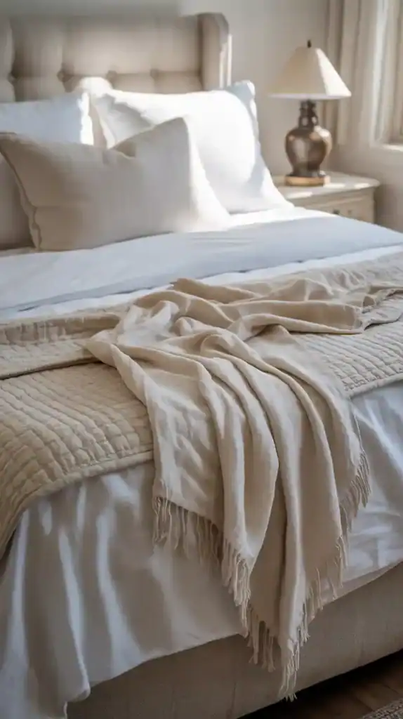 Layered neutral bedding design for a cozy, elegant bedroom retreat