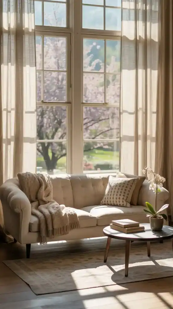 Sunlit living room filled with natural light and soft white decor for an open airy feel