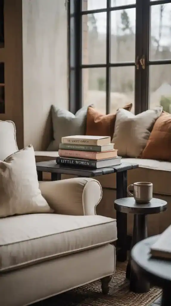 Modern rustic living room with contrasting light and dark textures for visual depth