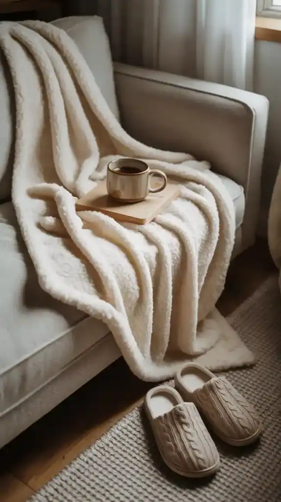 Relaxed cozy home scene capturing lived-in elegance and natural comfort