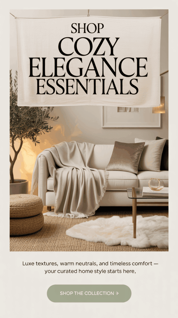 Cozy neutral living room with beige sofa, soft throw blanket, plush pillows, and warm lighting — promoting cozy elegance home essentials