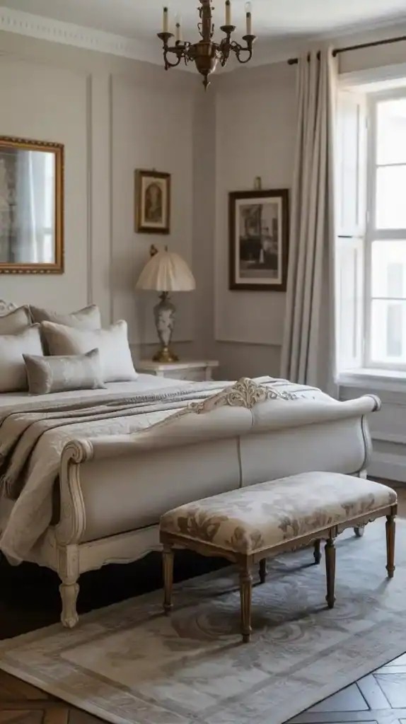 A traditional bedroom showcasing a curved sleigh bed and antique details that define timeless old money furniture style.