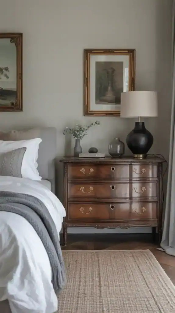 A harmonious mix of antique and modern pieces that gives this old money bedroom collected character