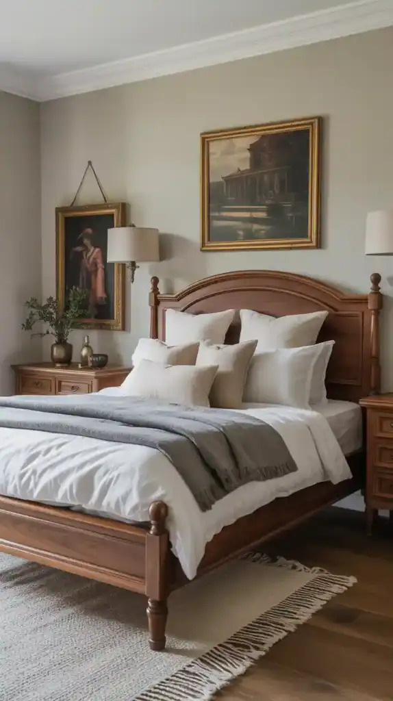Natural wood tones and vintage finishes bring warmth and authenticity to this timeless bedroom