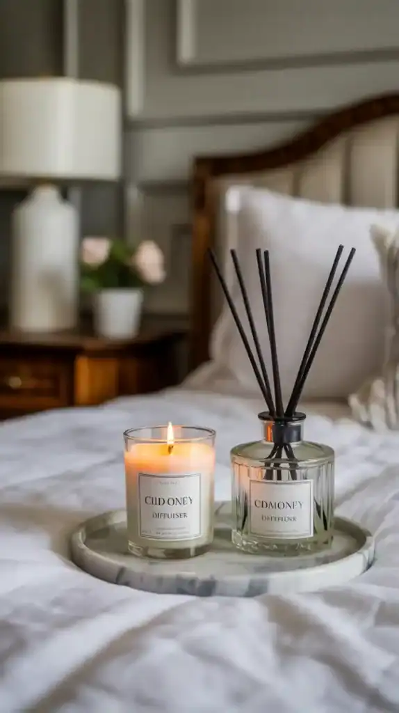 A softly scented bedroom vignette featuring a candle and diffuser evokes old money calm
