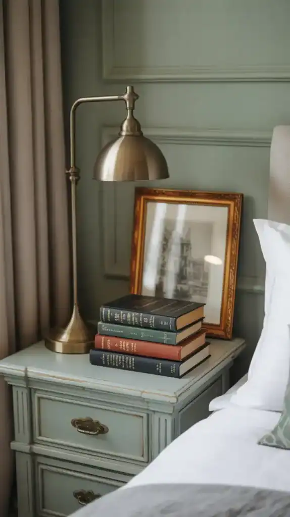 Hardcover books and subtle decor create cultured, old-world charm on a bedside table