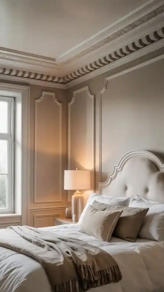 Crown moulding and fine trim details lend architectural sophistication to an elegant bedroom