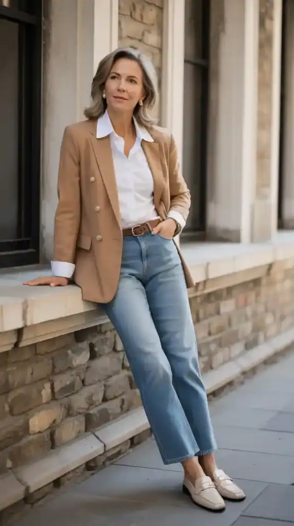 Woman over 40 wearing a camel blazer and jeans, styled with pearl studs and loafers for a refined old money look