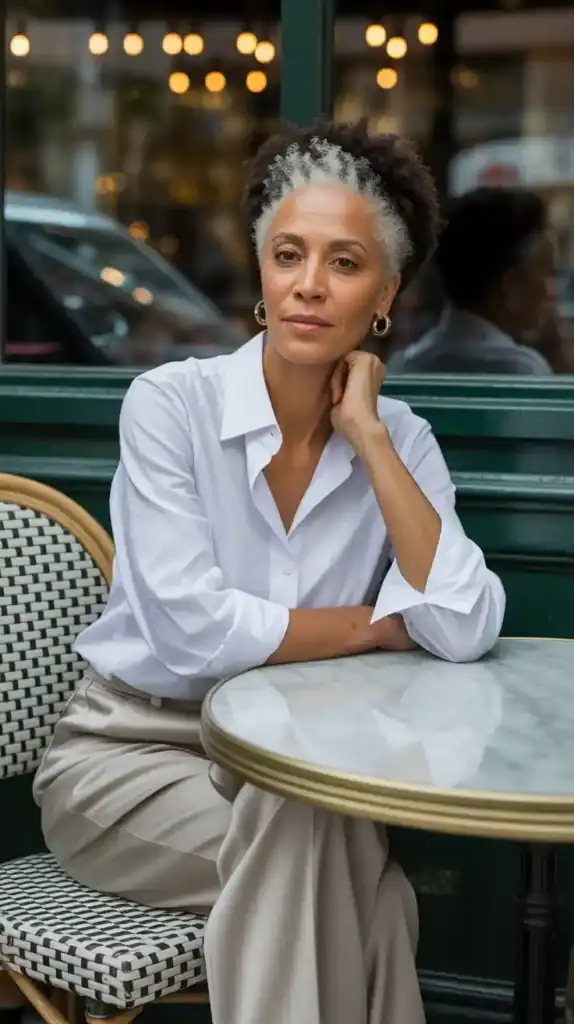 Elegant woman over 40 in a white button-down and silk trousers, radiating effortless sophistication
