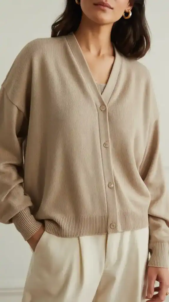Soft cashmere cardigan set in neutral tones styled for mature, elegant comfort