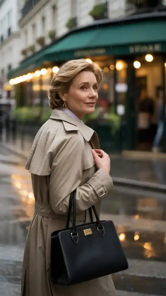 Elegant trench-coat outfit reflecting timeless old money outerwear style