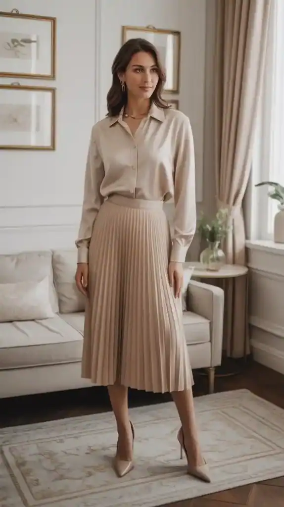 Woman in a silk blouse and pleated skirt styled with nude heels for refined elegance