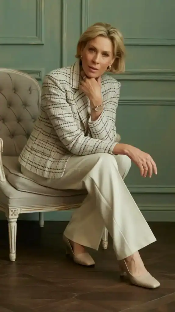 Woman over 40 in a tweed jacket and slacks, blending classic tailoring and quiet luxury