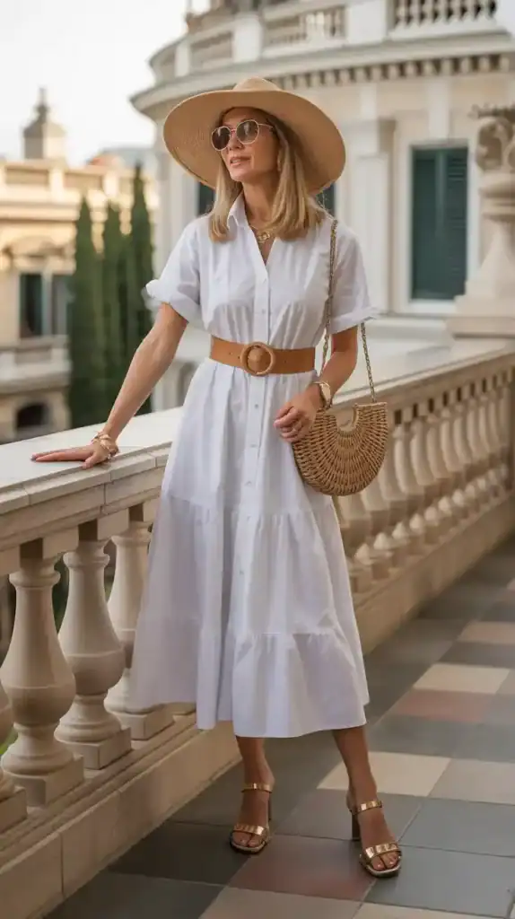Elegant white dress outfit for women over 40 styled with subtle accessories