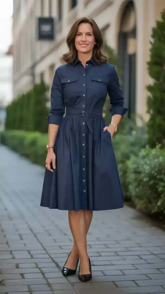 Woman in her 40s in a navy shirt dress, showing effortless tailored femininity