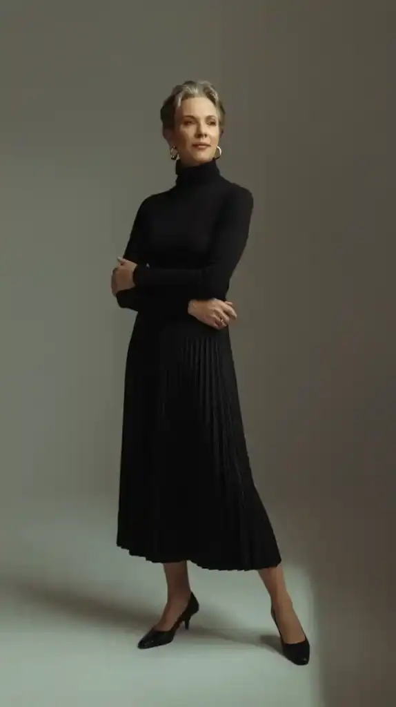 Sophisticated old money ensemble with black turtleneck and pleated skirt