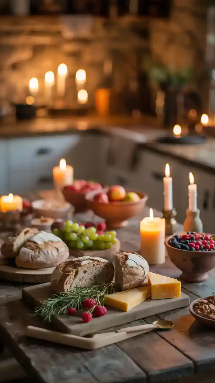 Rustic table with bread, cheese, and fruit displayed on wooden boards with soft candlelight