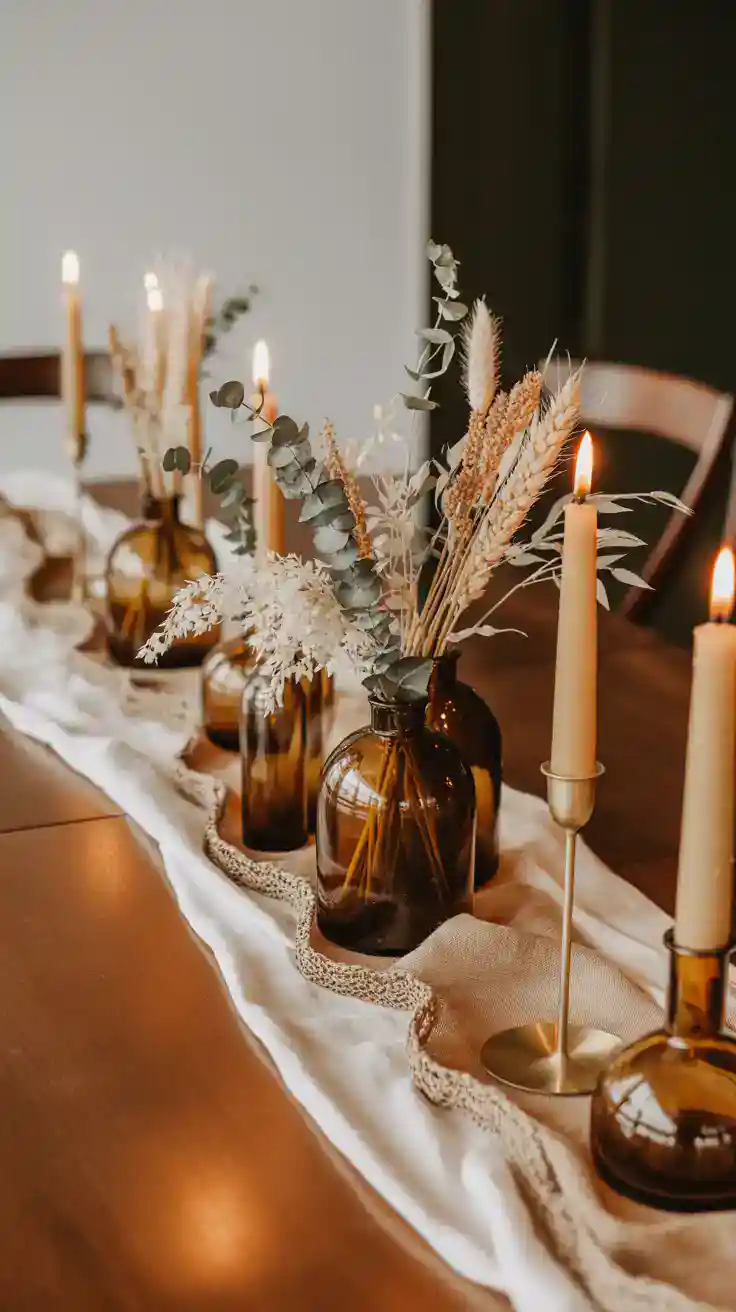 Table with layered linens, candles, and dried florals for a romantic autumn glow