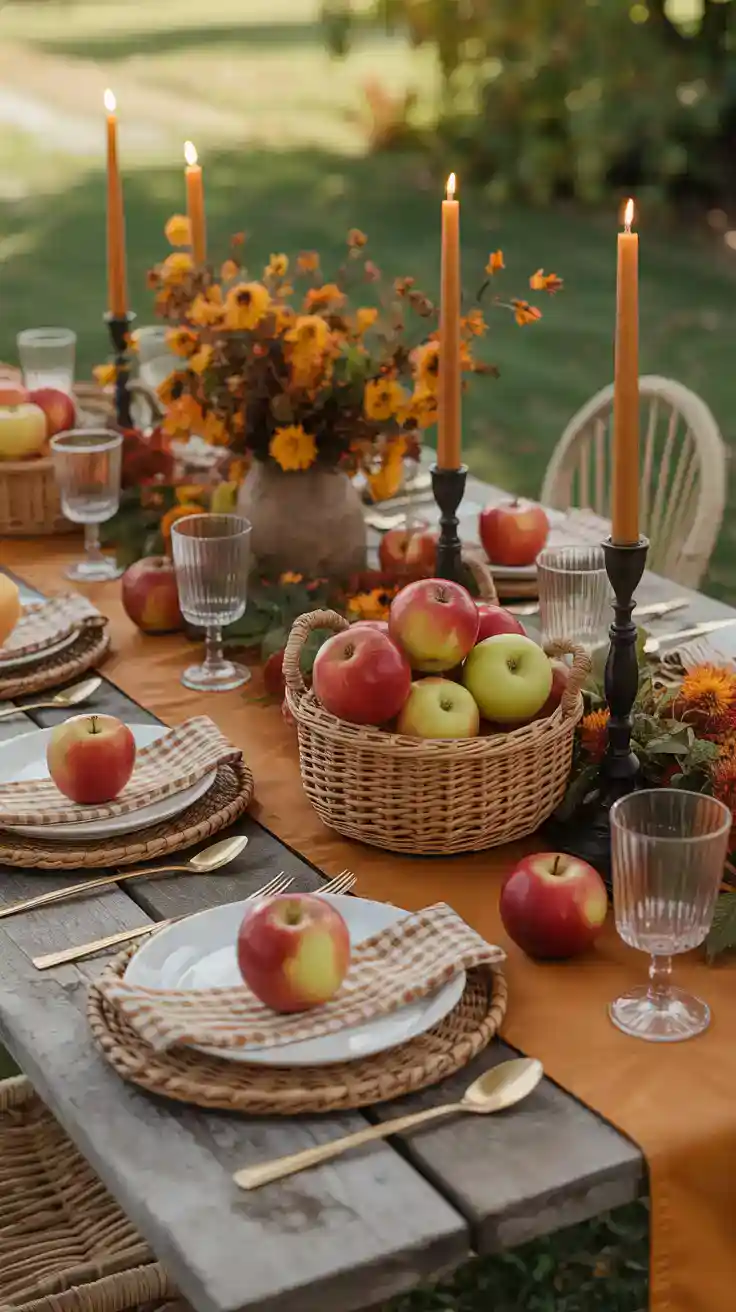 Autumn table with apples, gingham accents, and wicker baskets inspired by orchard gatherings