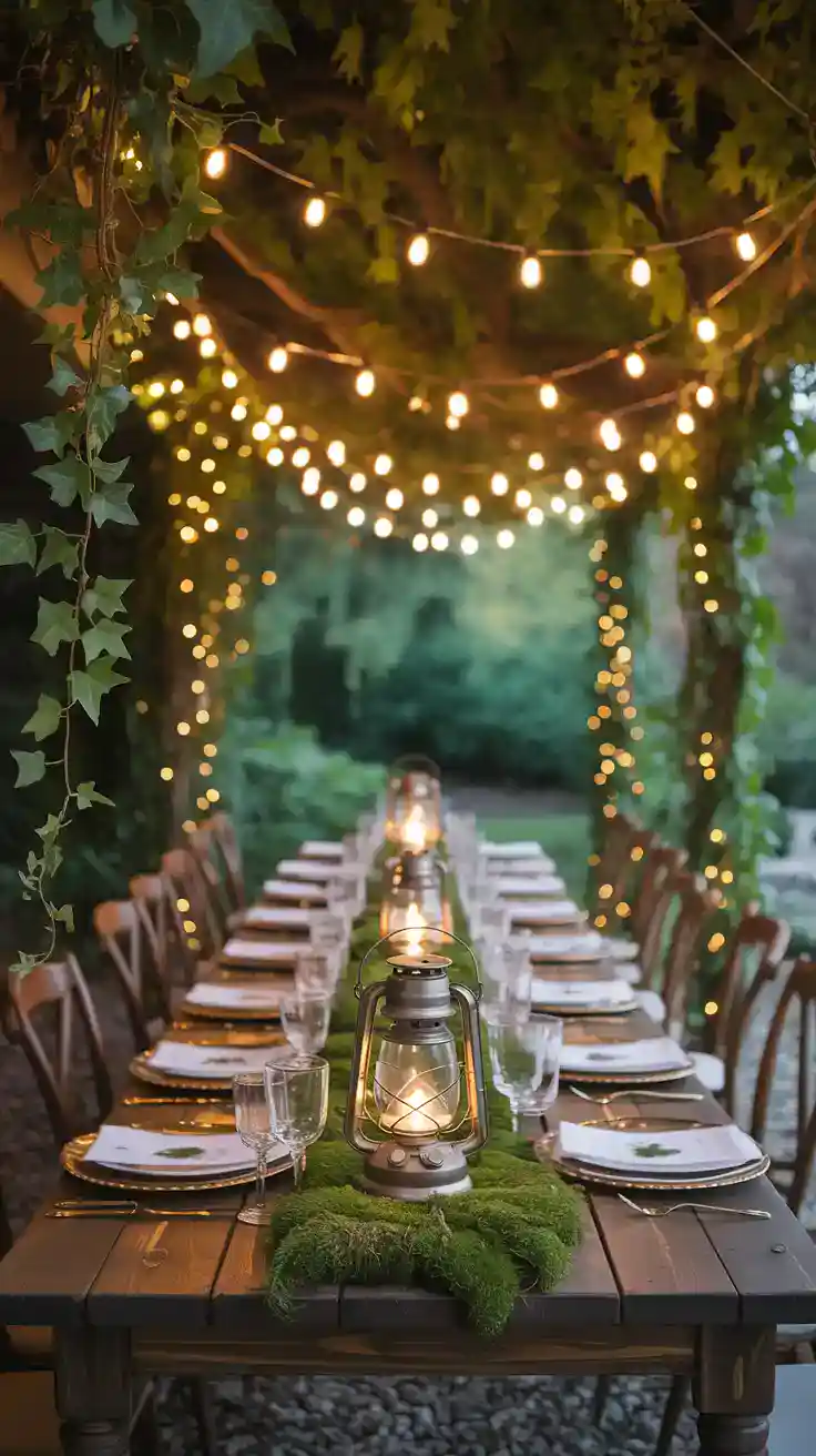 Magical woodland table with fairy lights, moss, and candles for an enchanted autumn evening