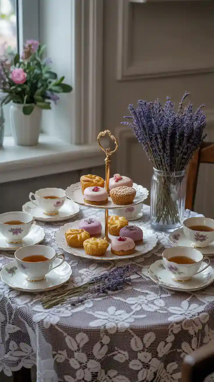 Lace-covered tea table with vintage china, pastries, and flowers for a cozy cottagecore afternoon
