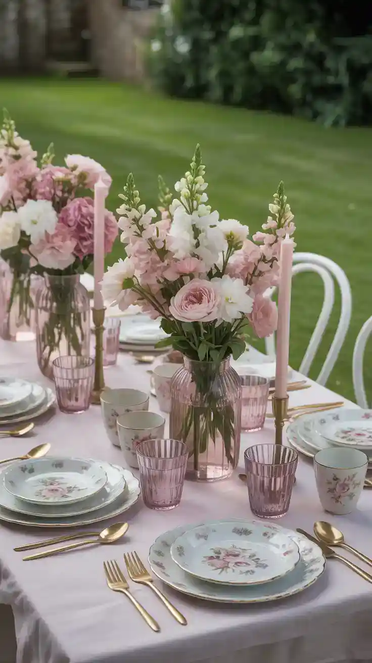 Outdoor garden table decorated with pastel linens and floral china for a soft cottagecore brunch