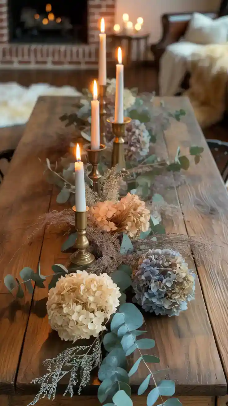 Autumn table featuring a dried flower runner and brass accents for a natural rustic style