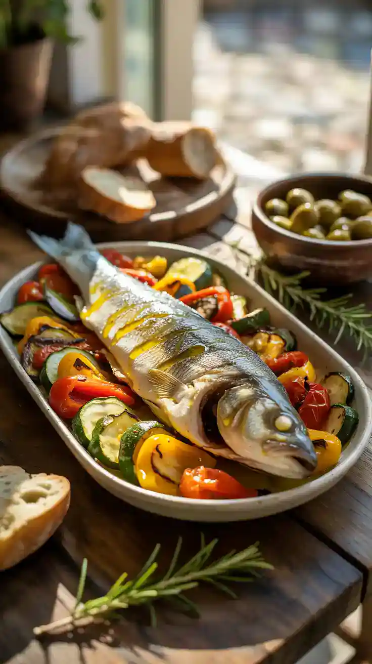 Mediterranean Diet ingredients including olive oil, vegetables, whole grains, and fish