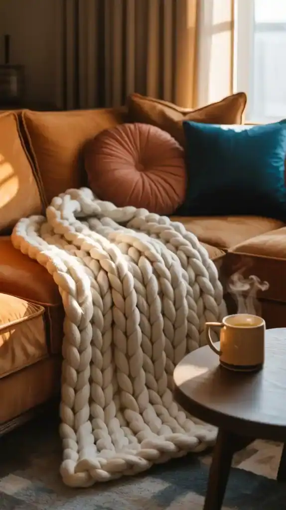 Cozy living room with chunky knit blanket and warm autumn accents
