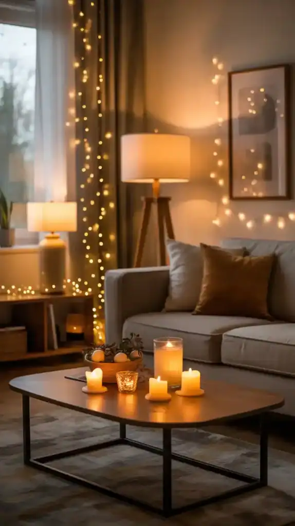 Warm fall living room with layered lighting and candles for a cozy glow