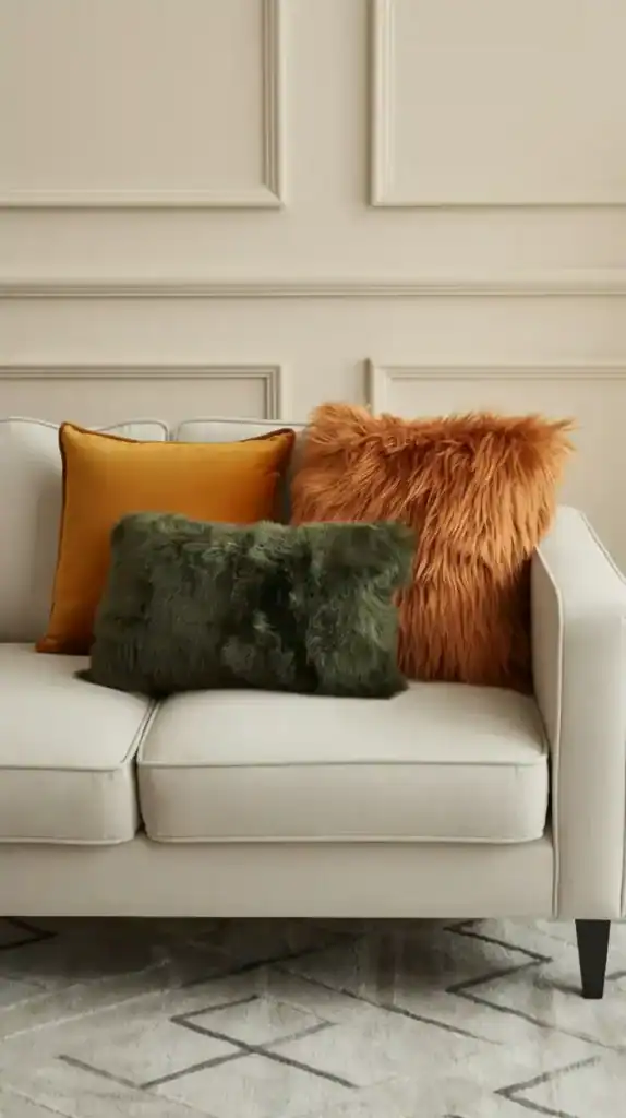 Velvet and faux-fur fall pillows in warm autumn colors on a neutral sofa