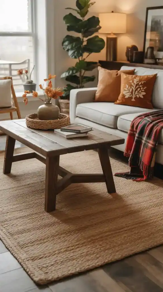 Living room with woven jute rug and warm autumn décor